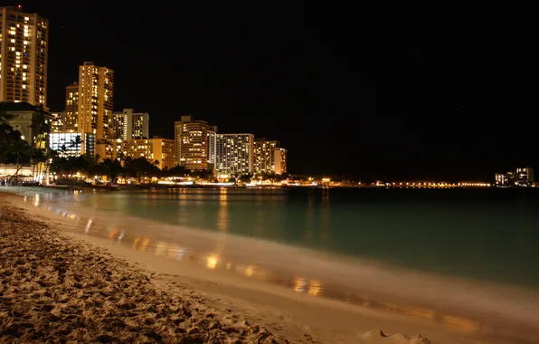 Волны, пляж, ночь, город, огни, океан, Hawaii