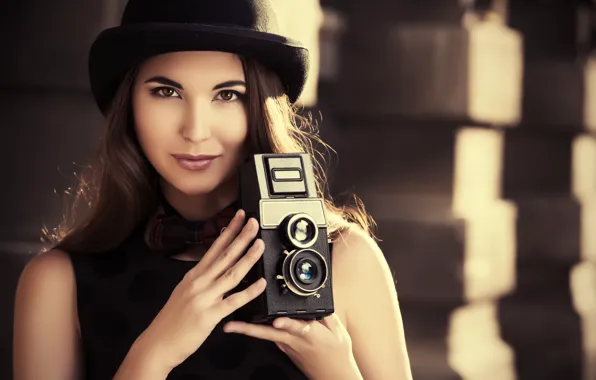 Девушка, шляпа, фотоаппарат, наряд, girl, dress, hat, camera