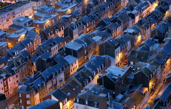 Крыша, ночь, улица, Франция, дома, панорама, Нормандия, Ле-Трепор