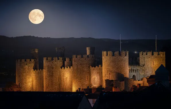 Картинка ночь, замок, луна