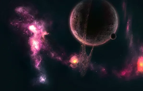 Картинка туманность, луна, планета, кольца, астероиды, nebula