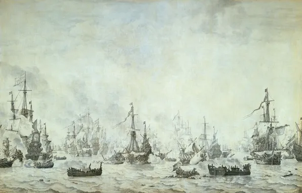 Чернила, холст, Willem van de Velde I, Виллем ван де Велде Старший, Морское сражение против …
