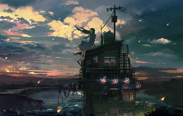Река, провода, антенна, вечер, vocaloid, Hatsune Miku, вокалоид, берега