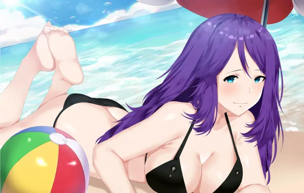 Girl, sexy, cleavage, beach, long hair, sea, boobs, anime