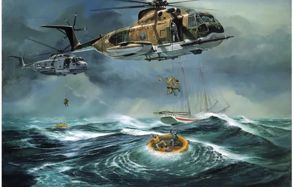 Картинка люди, океан, корабль, вертолеты, лодки, спасение, Atlantic Ocean Rescue by Don Millsap
