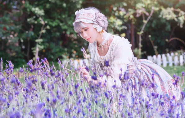 Лето, девушка, свет, цветы, природа, поза, сад, платье