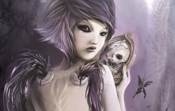Девушка, череп, крылья, зеркало, демон, арт, зеркальце