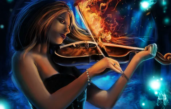 Картинка взгляд, девушка, музыка, огонь, скрипка, волосы, руки, арт
