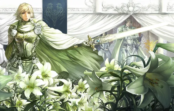 Картинка девушка, цветы, оружие, замок, лилии, меч, доспехи, мужчина