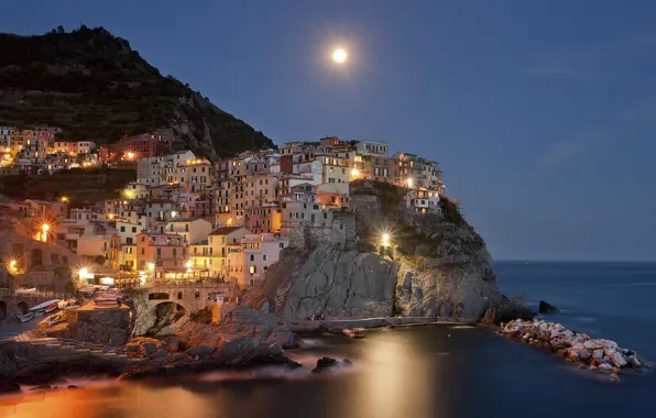 Картинка море, вода, горы, ночь, луна, Италия, moon, sea