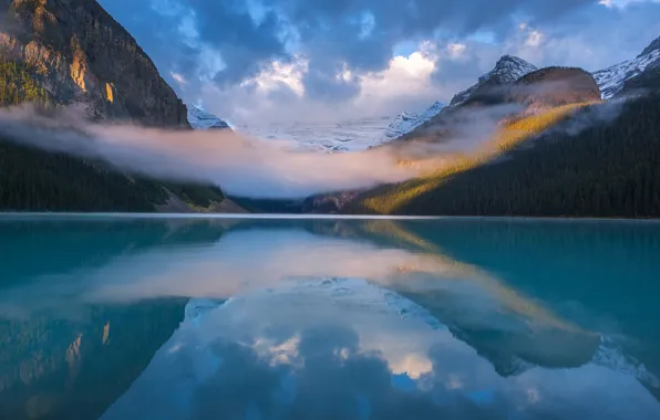 Горы, отражение, облако, Канада, Альберта, Национальный парк Банф, озеро Луиз