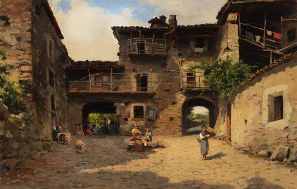 Итальянский живописец, Italian painter, Сильвио Пома, oil on tablet, Silvio Poma, Rural life scene, Scena …
