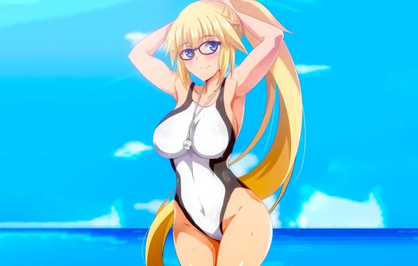 Girl, sexy, cleavage, long hair, sea, boobs, anime, blue eyes