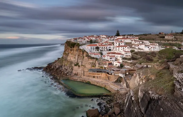 Океан, скалы, побережье, дома, Португалия, Portugal, Атлантический океан, Atlantic Ocean