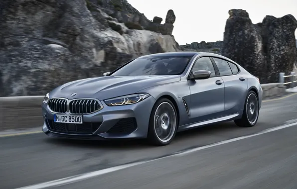 Картинка движение, скалы, купе, BMW, Gran Coupe, 8-Series, 2019, четырёхдверное купе