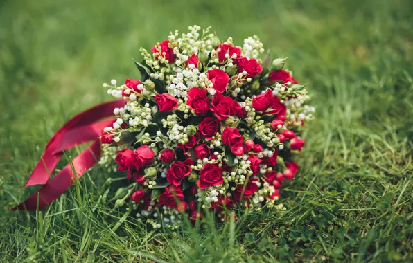 Трава, розы, букет, красные, свадьба, bouquet, wedding, шикарный