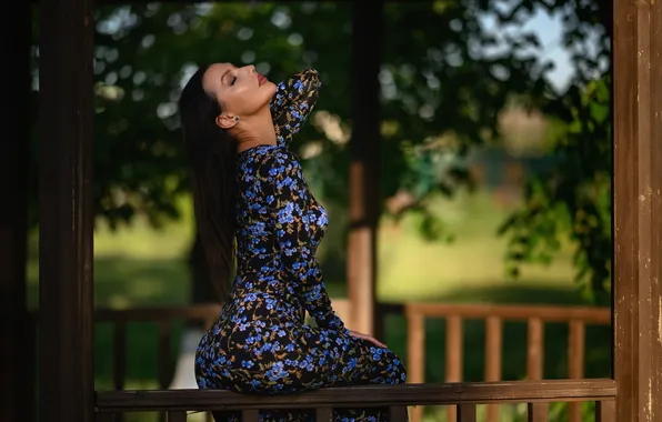 Девушка, милая, модель, Беседка, брюнетка, Обои, красивая, Sexy