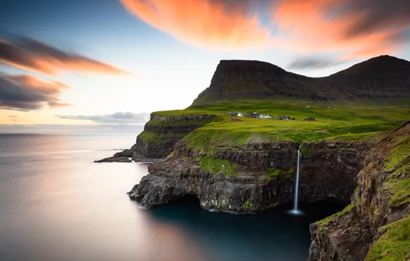 Картинка море, горы, скалы, водопад, поселок, Фарерские острова