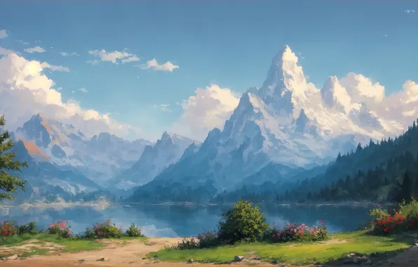 Sky, landscape, nature, art, land, clouds, lake, painting