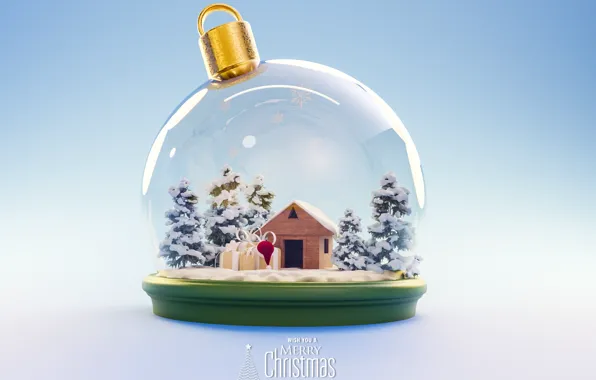 Картинка стекло, снег, шарик, Рождество, Новый год, домик, ёлочки