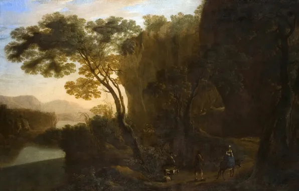 Картинка море, деревья, пейзаж, горы, люди, картина, Ян Бот, Дорога из Порта
