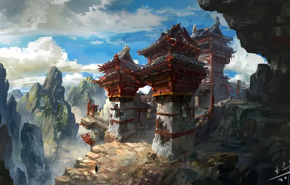 Картинка небо, скалы, человек, сооружение, арт, by xiaoxinart, lost temple