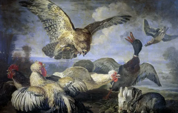 Картинка животные, птицы, картина, кролик, утка, куры, Нападение Коршуна, Давид Конинк