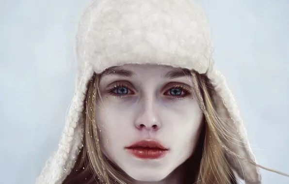 Зима, взгляд, девушка, снег, лицо, шапка, арт, губы