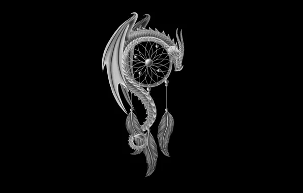 Дракон, минимализм, перья, черный фон, dragon, Dreamcatcher, ловец снов