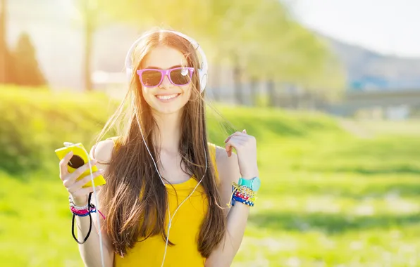 Girl, headphones, beautiful, model, smartphone, sunglasses