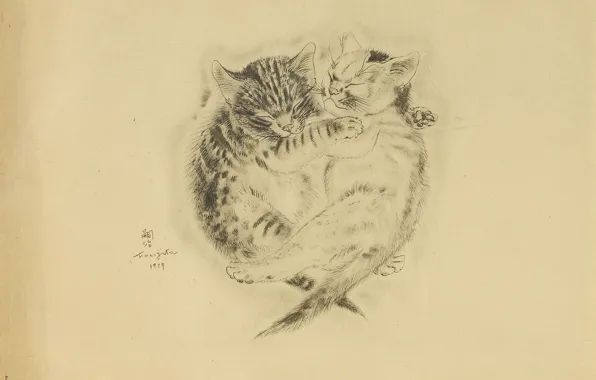 Картинка дружба, котята, братья, спят, 1929, Цугухару, Фудзита, Книга Кошек
