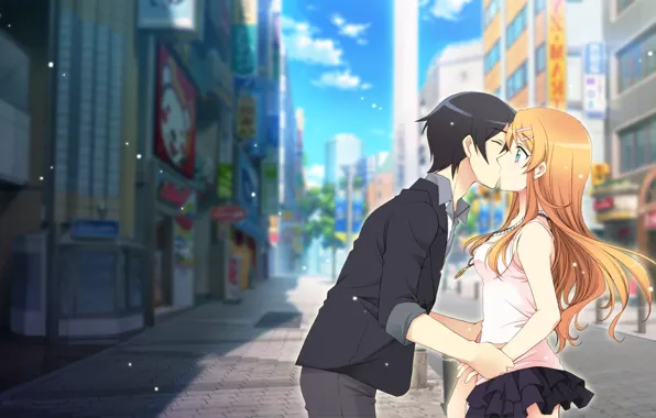 Город, поцелуй, аниме, арт, пара, двое, Oreimo