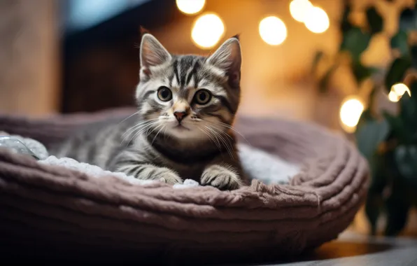 Кошка, взгляд, свет, огни, поза, блики, котенок, серый