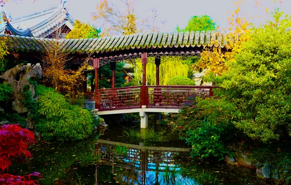 Картинка зелень, мост, пруд, сад, США, кусты, Oregon, Portland