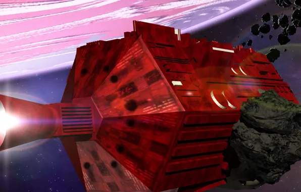 Spaceship, planet, asteroids, the small rouge one