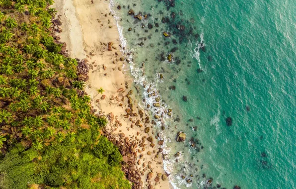 Картинка waves, beach, rocks, sand, tide, tropical, aerial view