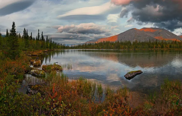 Картинка осень, облака, пейзаж, закат, горы, природа, озеро, растительность