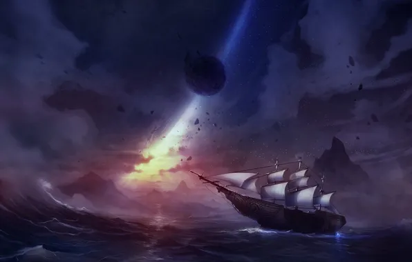 Картинка море, волны, небо, корабль, планета, парусник, арт, Alfred Khamidullin