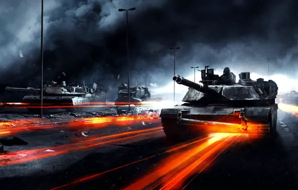 Картинка дорога, война, дым, танки, Battlefield 3
