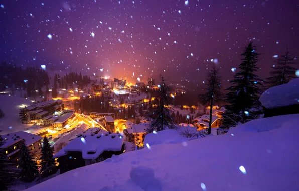 Картинка зима, свет, снег, деревья, горы, снежинки, ночь, город