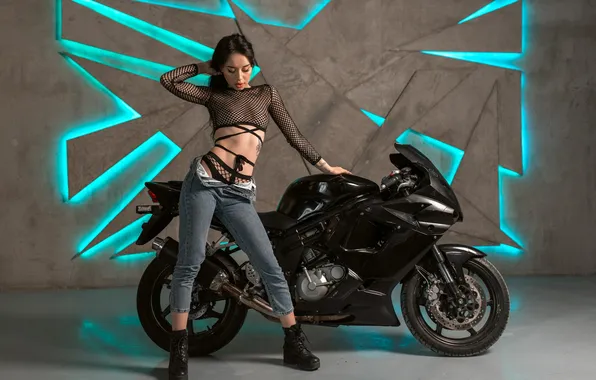 Картинка panties, studio, motorcycle, neon, women, jeans, dark hair, boots