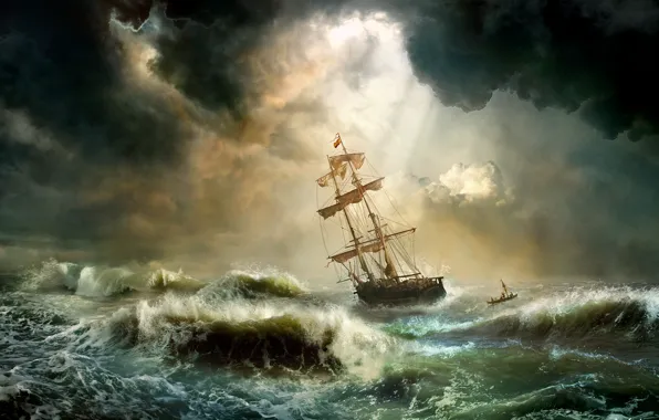 Картинка волны, шторм, стихия, корабль, Storm, крен, Владимир Манюхин