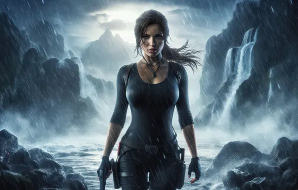 Girl, Tomb Raider, Mountain, Rain, Lara Croft, AI Art, AI Generated