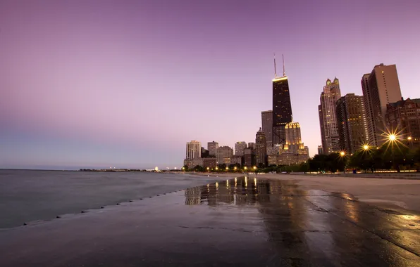 Картинка небо, закат, небоскребы, вечер, Чикаго, USA, Chicago, мегаполис