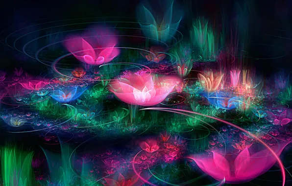 Картинка вода, лучи, свет, линии, цветы