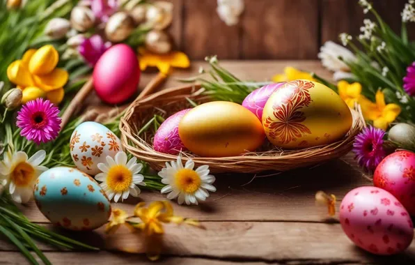 Цветы, яйца, весна, colorful, Пасха, happy, flowers, spring
