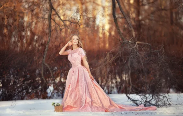 Взгляд, девушка, деревья, поза, платье, красивая, Полина Панова, Anastasia Grosheva
