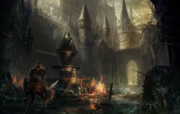 Замок, меч, воин, архитектура, Dark Souls-III