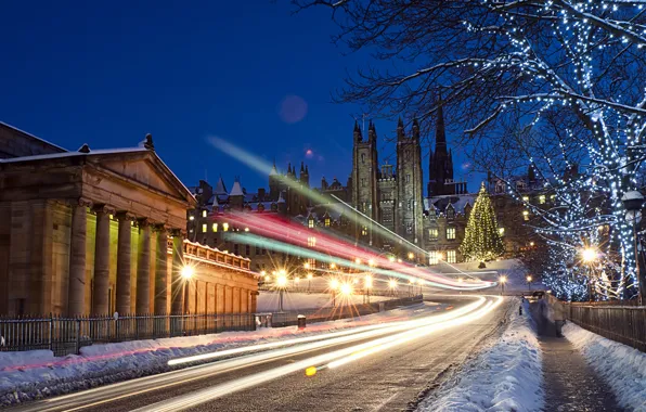 Картинка зима, ночь, город, огни, Шотландия, Великобритания, Scotland, Эдинбург