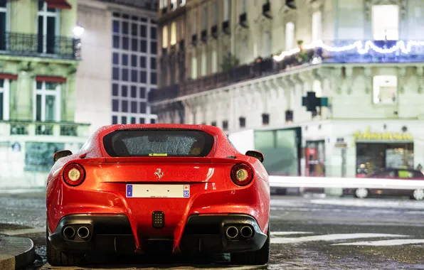 Картинка ночь, красный, дождь, улица, здания, Ferrari, red, феррари